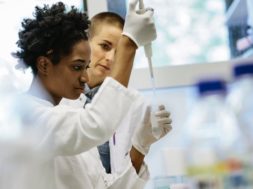 Female scientists pipetting in a laboratory