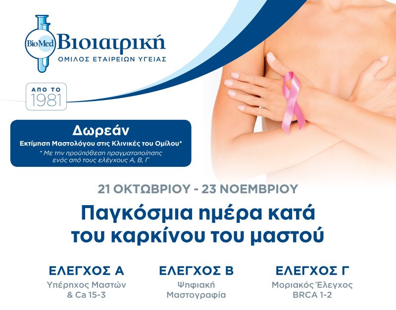 ΒΙΟΙΑΤΡΙΚΗ: Εξετάσεις προληπτικού ελέγχου για τον καρκίνο του μαστού σε ειδική τιμή