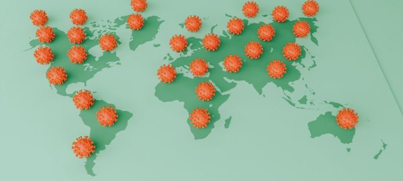 3D Illustration. Covid-19 cells on a world map.