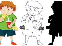 Cute fat boy eating pizza in colour and outline and silhouette