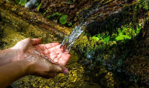 Washing Hands And Drink From A Spring With Clear And Cold Mountain Water