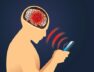 Radiation from mobile phone lead to brain damage. Medical illustration.