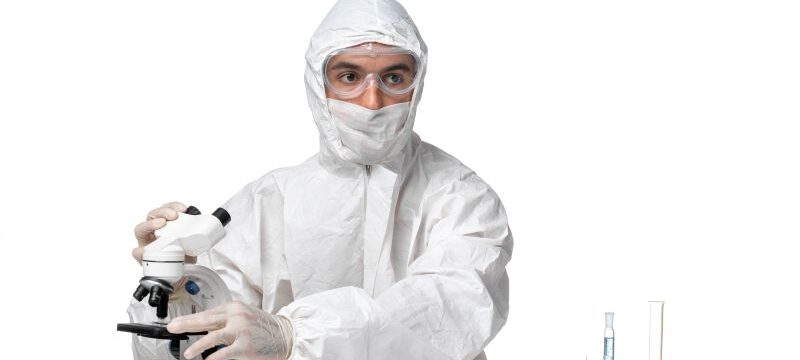 front-view-male-doctor-protective-suit-with-mask-due-covid-using-microscope-light-white-space