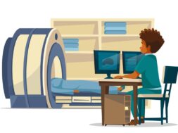 Brain MRI tomography vector cartoon illustration of doctor and patient on head tomographic scan medical examination