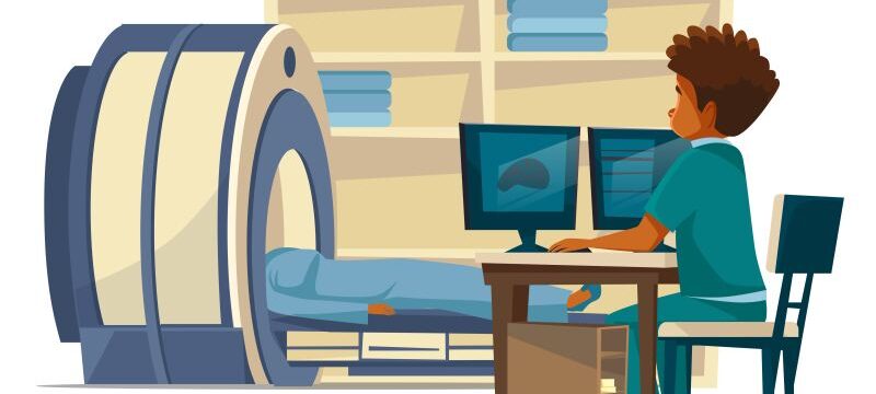 Brain MRI tomography vector cartoon illustration of doctor and patient on head tomographic scan medical examination