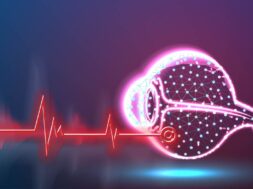 eyeball Point of disease. Health and medical concept. red laser surgeon technology, Abstract low poly wireframe mesh design. Red and Blue background. Vector Illustration