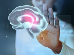 Woman touching virtual interface screen smart technology