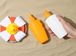 Concept of summer skin care accessories, top view