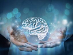 Medic shows in the hands of the brain on blurred background.