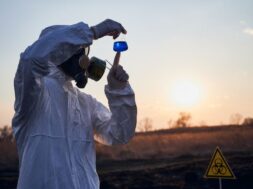 Scientist doing laboratory test in field after fire.