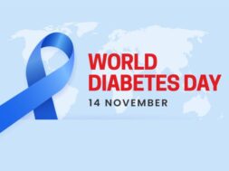 World diabetes day awareness poster banner background design with blue ribbon symbol on world map banner vector illustration
