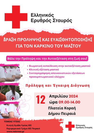 Ο Ελληνικός Ερυθρός Σταυρός διοργανώνει δράση Ενημέρωσης και Ευαισθητοποίησης για την πρόληψη του καρκίνου του μαστού στον Δήμο Πειραιά
