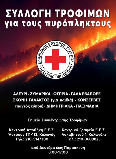 Έκκληση για υγειονομικό υλικό και τρόφιμα για τους πυρόπληκτους