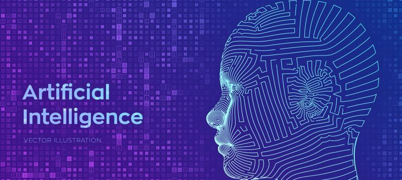 AI. Artificial intelligence concept. Abstract wireframe digital human face on streaming matrix digital binary code background. Human head in robot digital computer interpretation. Vector illustration.