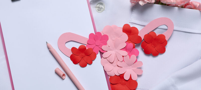 Doctors coat with flowers, clipboard, pen and uterus – Doctor Gy