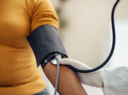 Measuring blood pressure with blood pressure manometer, sphygmomanometer.