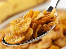 closeup of cornflakes on a spoon