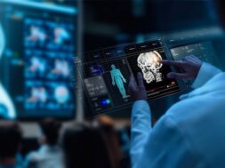 A group of medical professionals reviewing and analyzing detailed brain scans displayed on digital screens and tablets, highlighting advanced AI medical imaging technology.