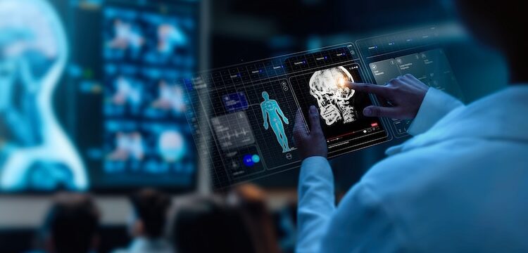 A group of medical professionals reviewing and analyzing detailed brain scans displayed on digital screens and tablets, highlighting advanced AI medical imaging technology.