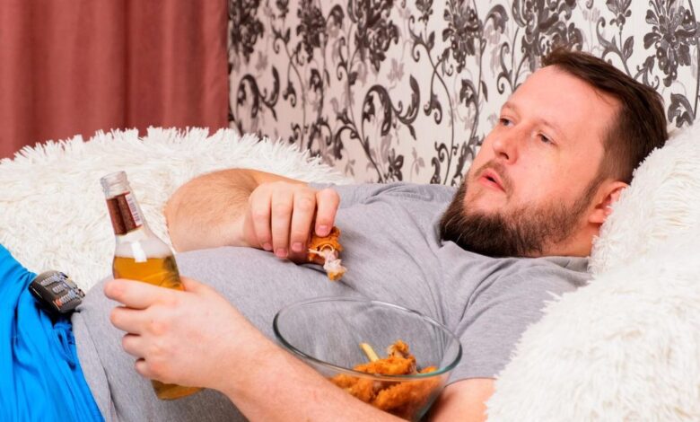 fat man drinks beer and eats unhealthy food chicken wings, bored in front of the TV outlook on the couch. The concept of malnutrition, quarantine at home, alcoholism